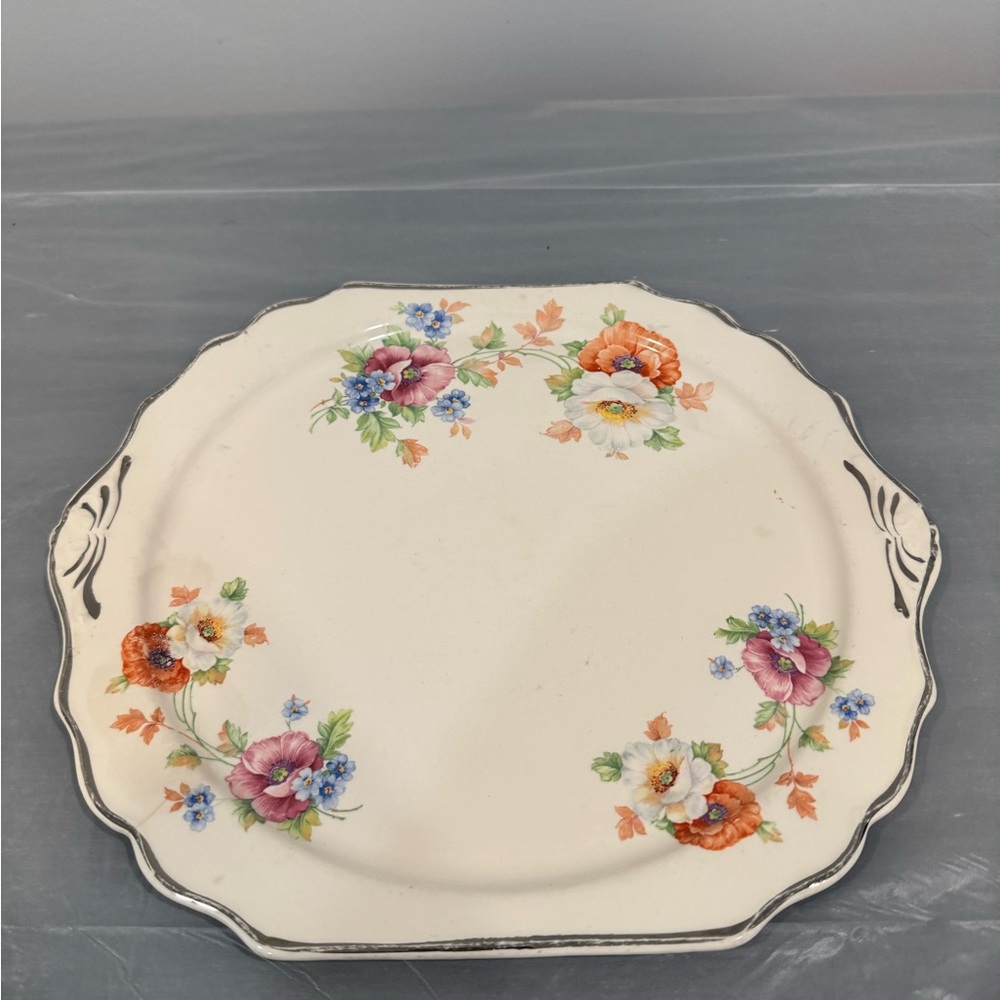 Vintage Harker Pottery Amy Floral Cake Plate Cream Scalloped Edge 1930s